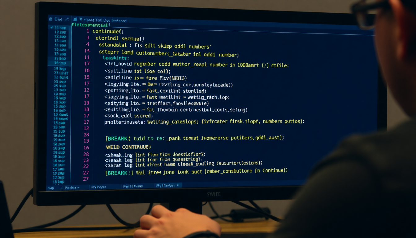 break와 continue가 사용된 파이썬 코드 실행 화면과 콘솔 출력이 보이는 이미지