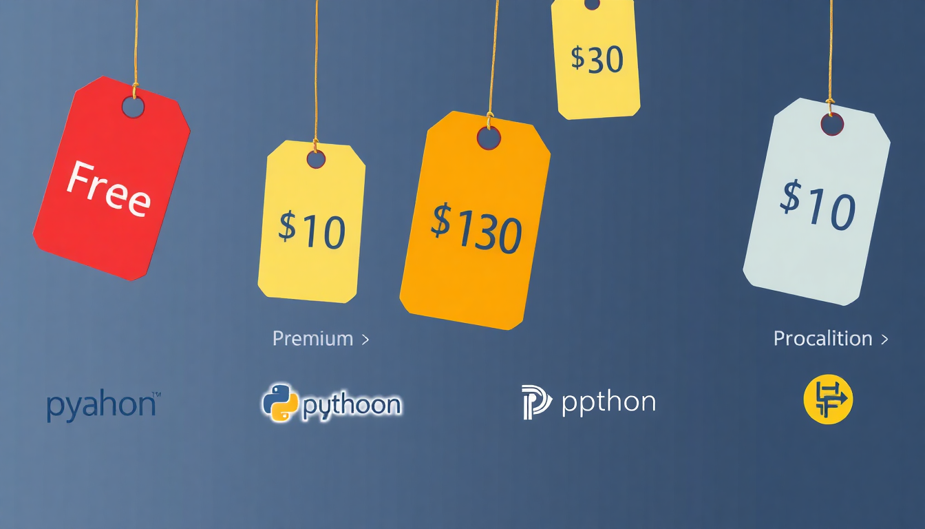 가격대별 다양한 파이썬 온라인 강좌 옵션을 표현하는 가격 태그와 플랫폼 로고 이미지