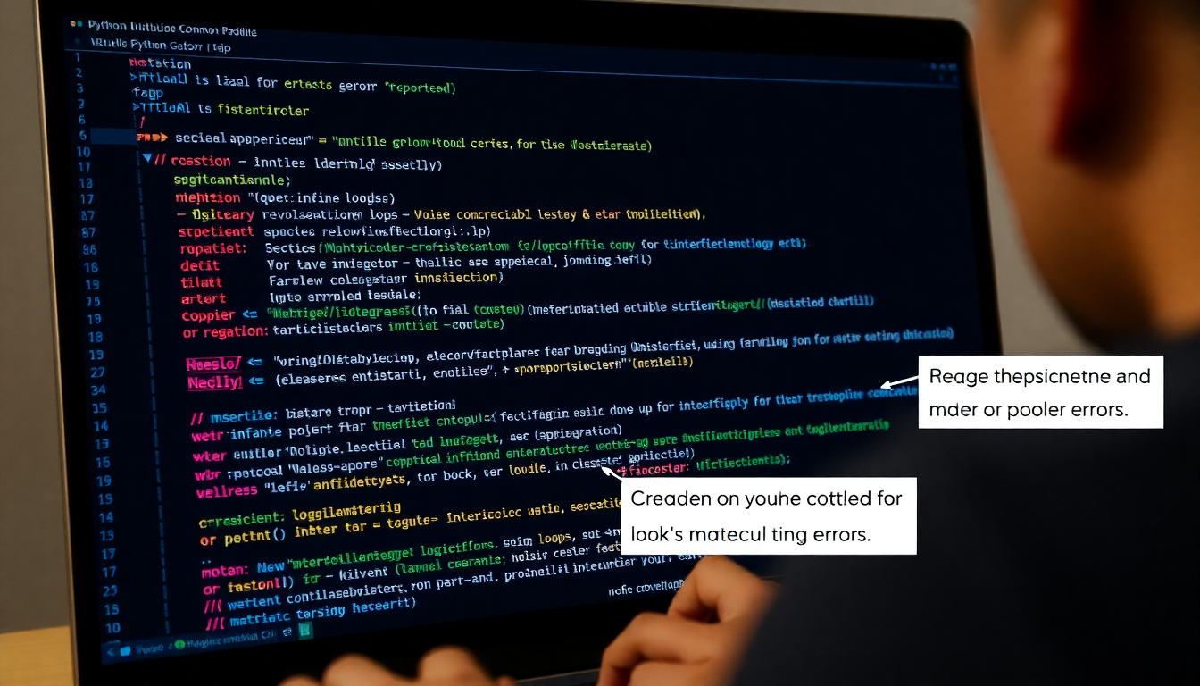 파이썬 코딩의 들여쓰기 오류, 무한 루프, 논리 오류, 성능 저하 문제를 디버깅하는 화면과 해결책 팁