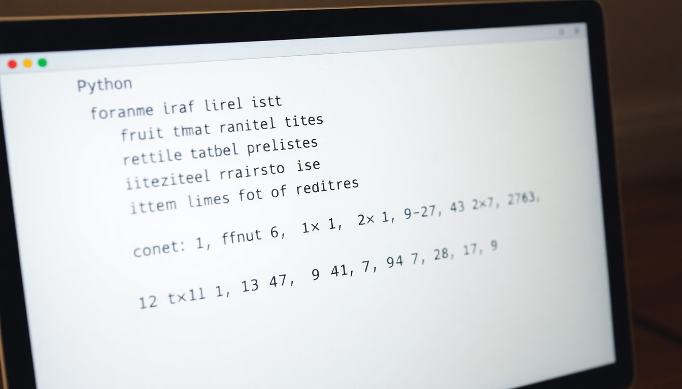 파이썬 for 반복문으로 과일 리스트와 range를 이용한 구구단 출력 코드가 보이는 컴퓨터 화면 이미지