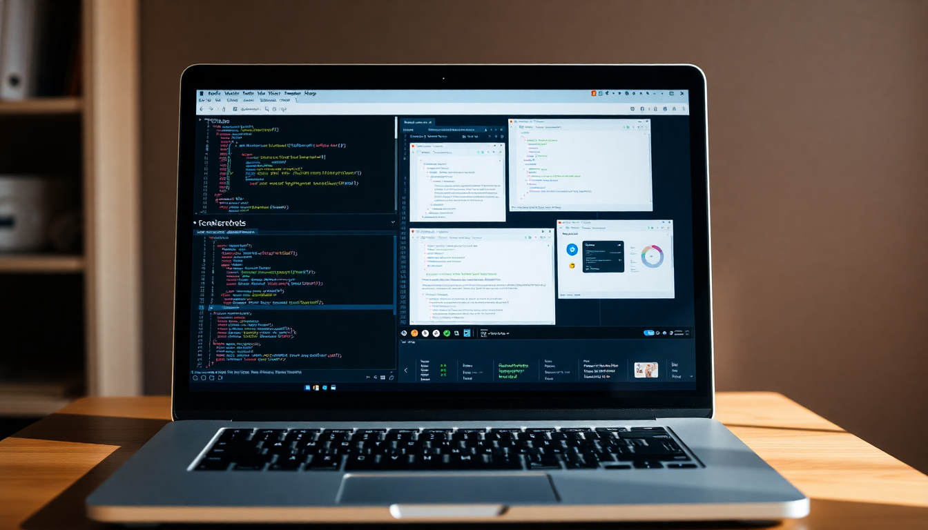 노트북 화면에 다양한 온라인 파이썬 코딩 실습 도구들이 협업 코드, 주피터 노트북, 웹 앱 대시보드 형태로 보여지는 이미지