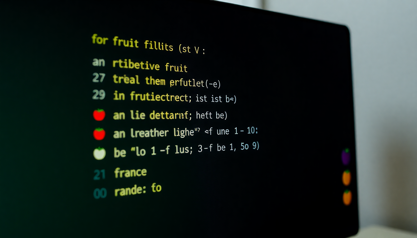 파이썬 for 반복문으로 과일 리스트와 range를 이용한 구구단 출력 코드가 보이는 컴퓨터 화면 이미지