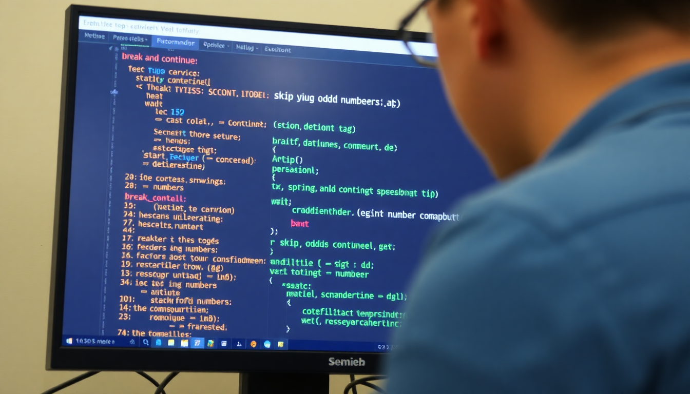 break와 continue가 사용된 파이썬 코드 실행 화면과 콘솔 출력이 보이는 이미지