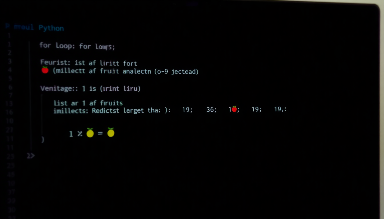 파이썬 for 반복문으로 과일 리스트와 range를 이용한 구구단 출력 코드가 보이는 컴퓨터 화면 이미지