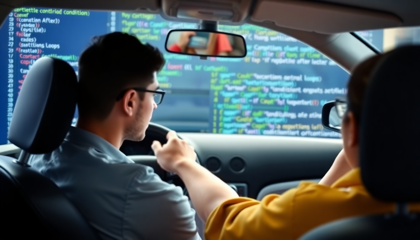 사람이 운전대를 잡고 운전을 배우는 모습과 컴퓨터 화면에 파이썬 조건문과 반복문 코드가 겹쳐진 이미지
