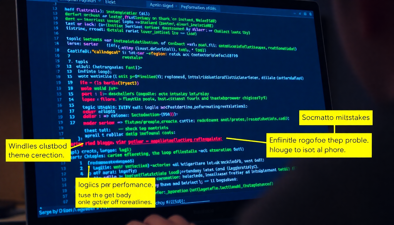 파이썬 코딩의 들여쓰기 오류, 무한 루프, 논리 오류, 성능 저하 문제를 디버깅하는 화면과 해결책 팁