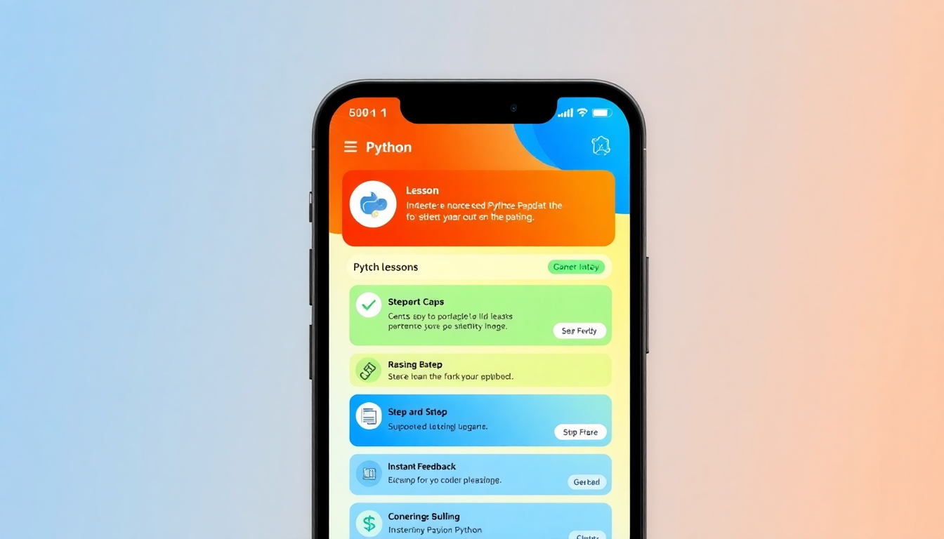 단계별 수업과 즉각적인 피드백 알림이 표시된 게임화된 파이썬 학습 앱의 스마트폰 화면