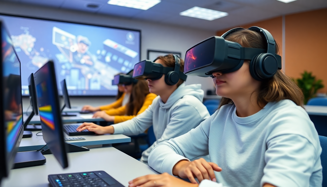 VR 헤드셋을 착용하고 메타버스 스타일 디지털 환경에서 코딩하는 몰입형 학습 장면