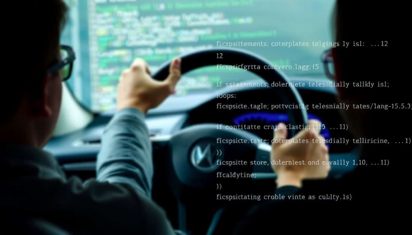 사람이 운전대를 잡고 운전을 배우는 모습과 컴퓨터 화면에 파이썬 조건문과 반복문 코드가 겹쳐진 이미지