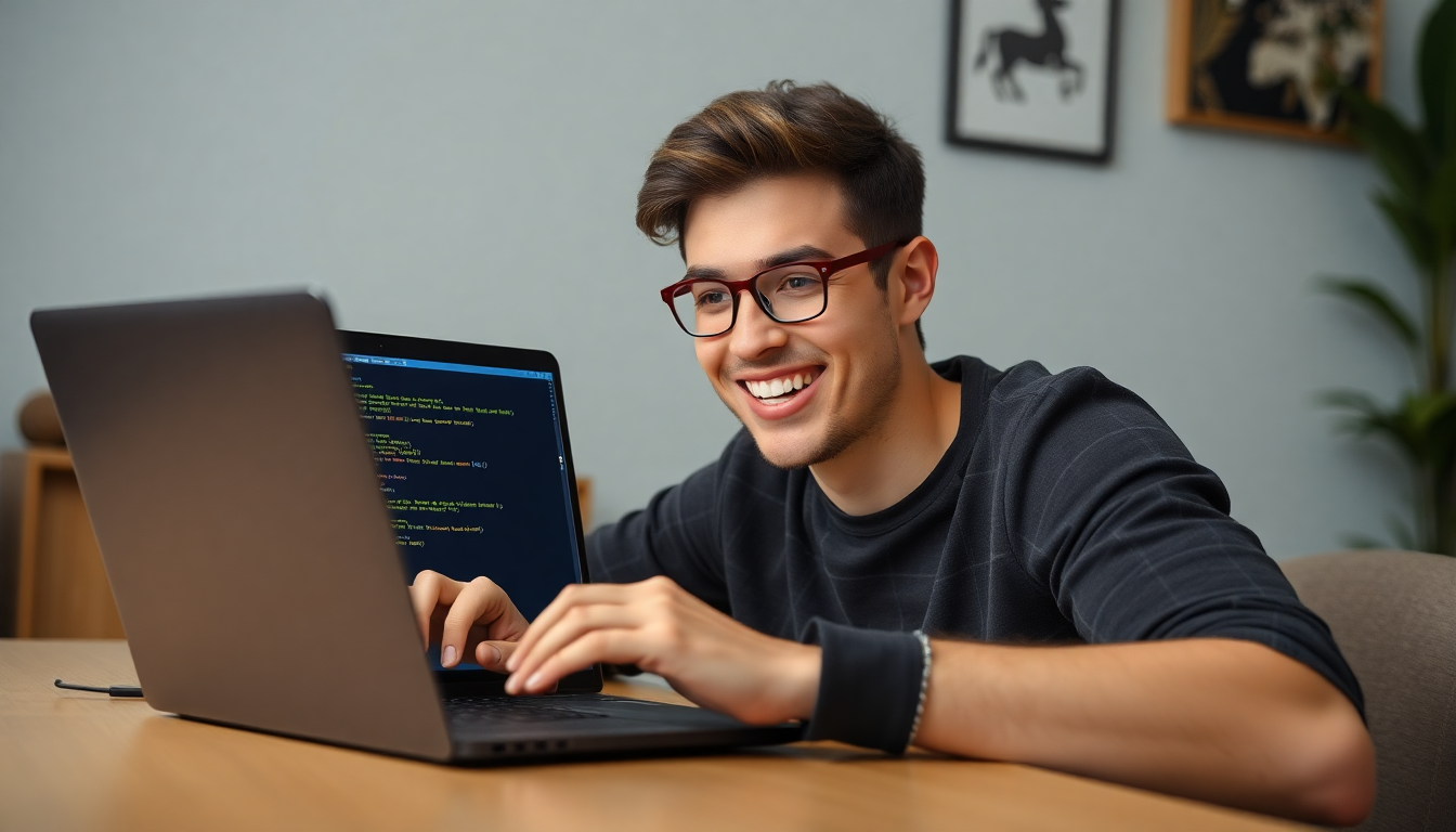 작은 프로그래밍 프로젝트를 완성한 후 기뻐하는 사람의 모습