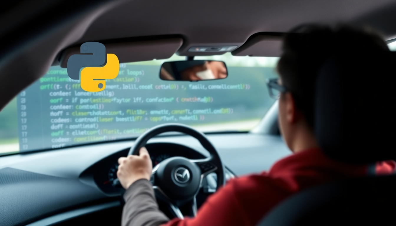 사람이 운전대를 잡고 운전을 배우는 모습과 컴퓨터 화면에 파이썬 조건문과 반복문 코드가 겹쳐진 이미지